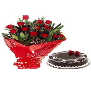 Chocolate Truffle Cake with 10 Red Roses