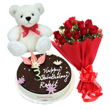 Chocolate Cake with 12 Red Roses, Teddy Bear