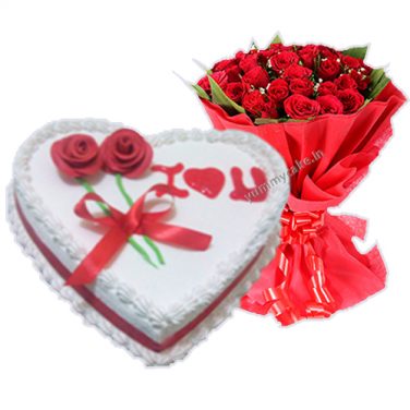 1/2 Kg Heart Shape Vanila Cake with 20 Mix Roses