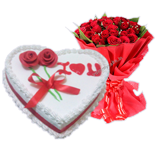 1/2 Kg Heart Shape Vanila Cake with 20 Mix Roses